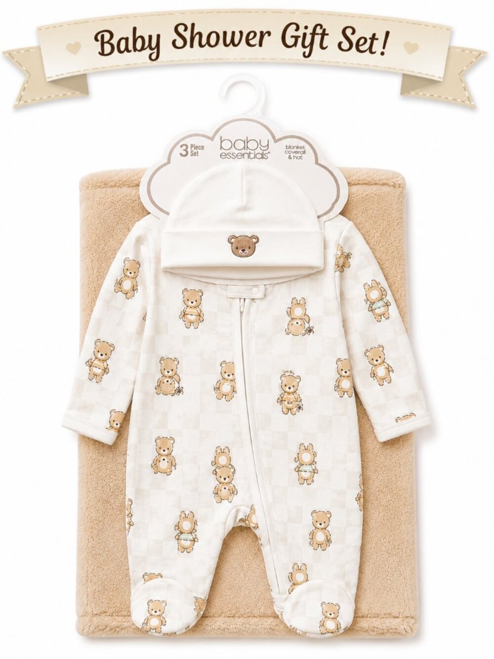 NWT Baby Essentials 3 Piece Baby Shower Gift Set Baby Boy Newborn Teddy Bear